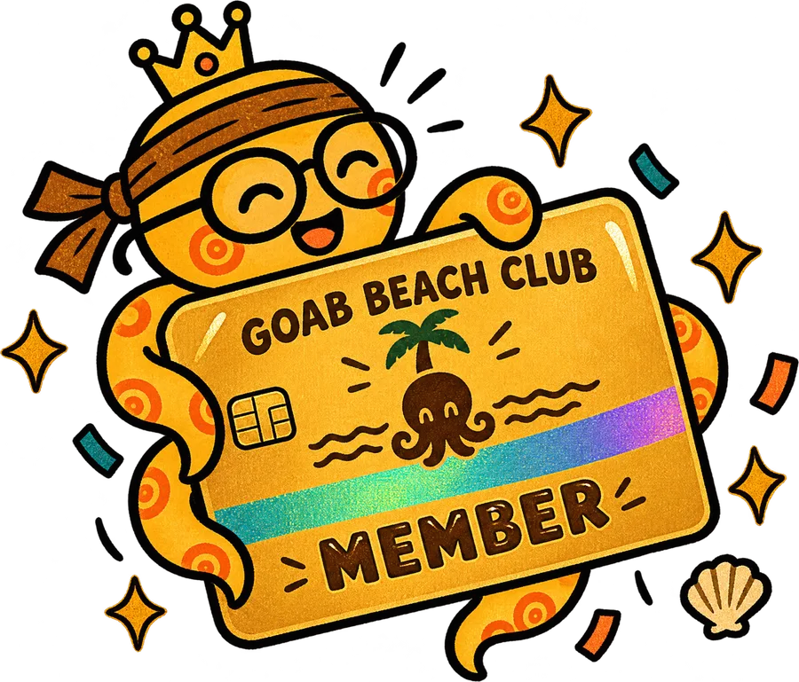Illustration: the crowned GOAB octopus hugging a golden GOAB Beach Club member card