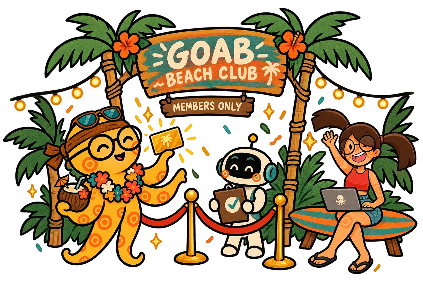 Illustration: the GOAB octopus host holds up a golden membership card at a members-only tiki bar entrance, with a robot bouncer and a laptop-toting surfer waving