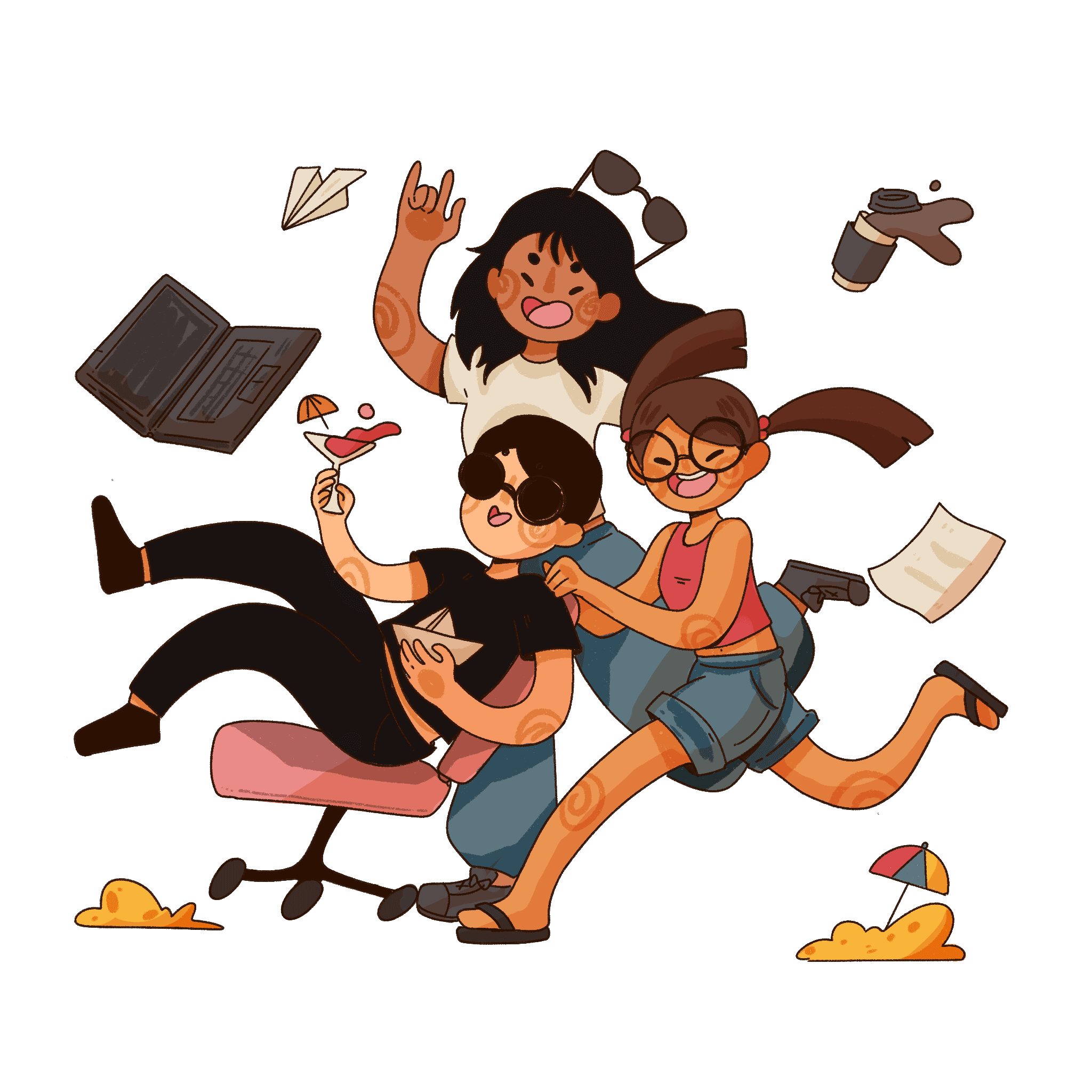 The Geeks On A Beach crew, illustrated, hanging out with laptops